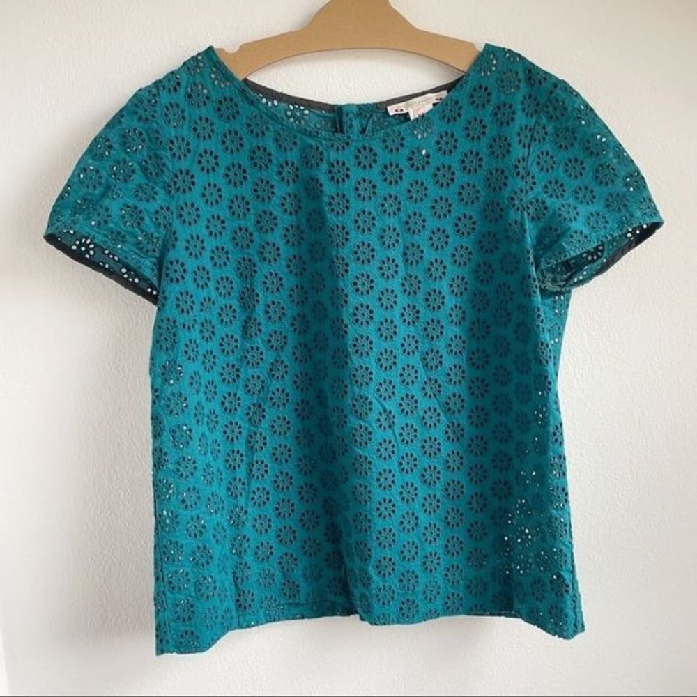 Bonpoint Saturated Teal Peep Hole Floral Design Cotton Girls Size XS